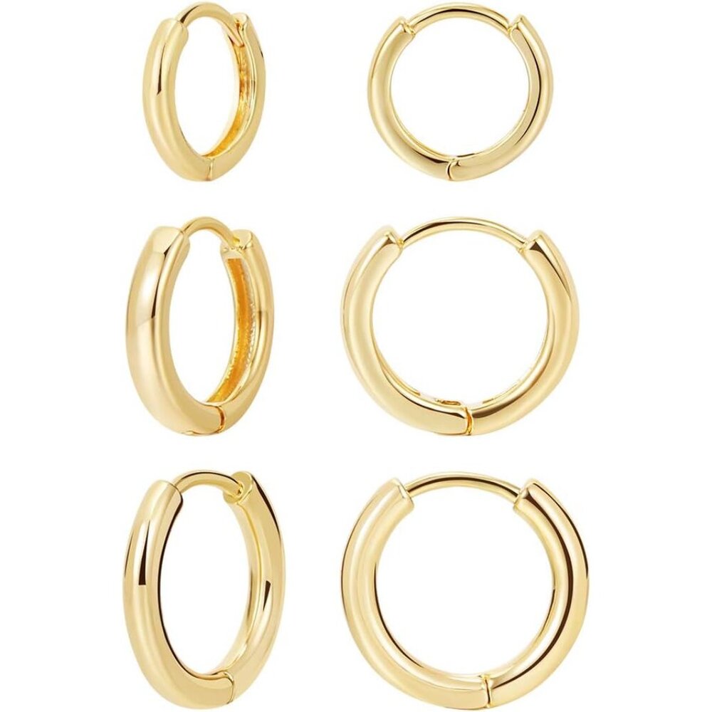 3 Pairs 14K Gold Plated Huggie Hoop Earrings for Women, Minimalist Gold Huggie H